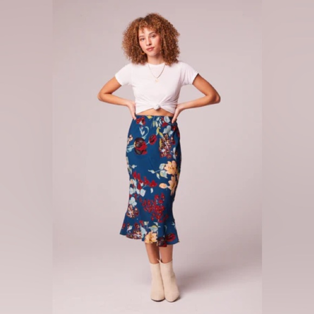 NWT Band Of The Free PISA TEAL FLORAL RUFFLE SLIP SKIRT Bohemian Style Pencil